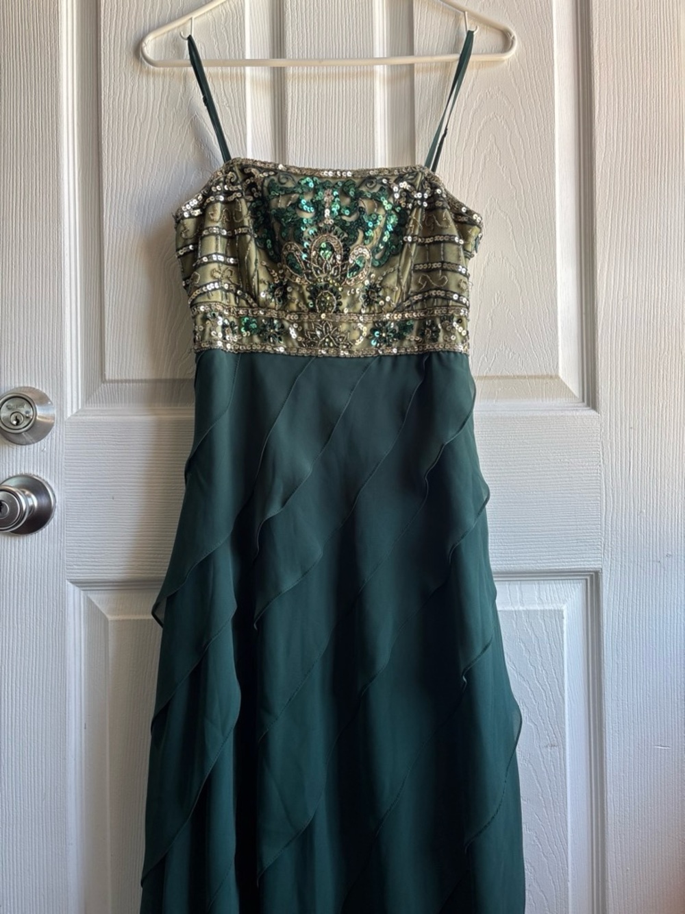 Boho Embellished Sequin Bodice Cascading Ruffle Gown Teal